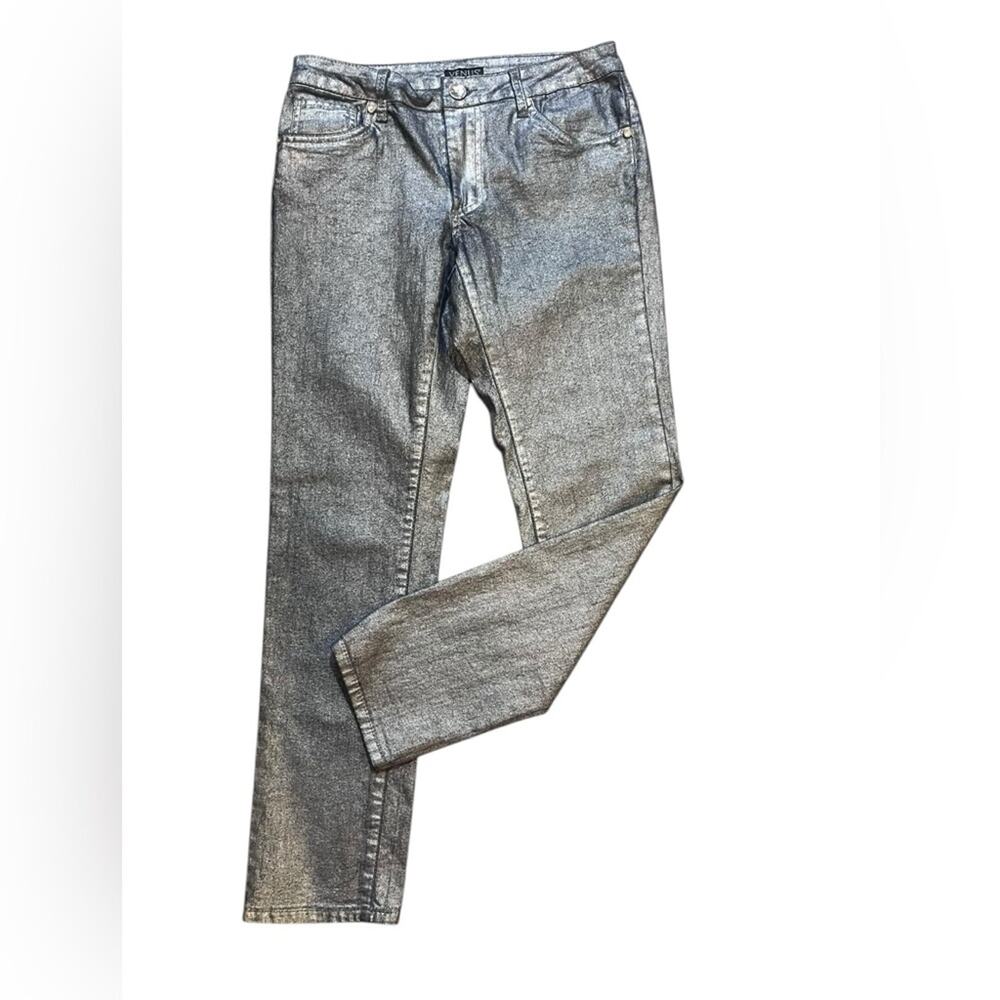Y2K Venus Metallic Silver Foiled Slim Straight Leg Jeans 6 Glam Edgy Rocker
